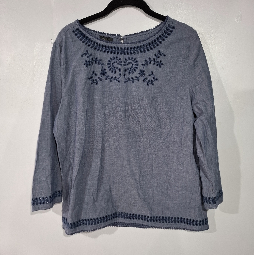 Talbots Womens Blouse L Blue Eyelet Embroidered 3/4 Sleeve Back keyhole Boho